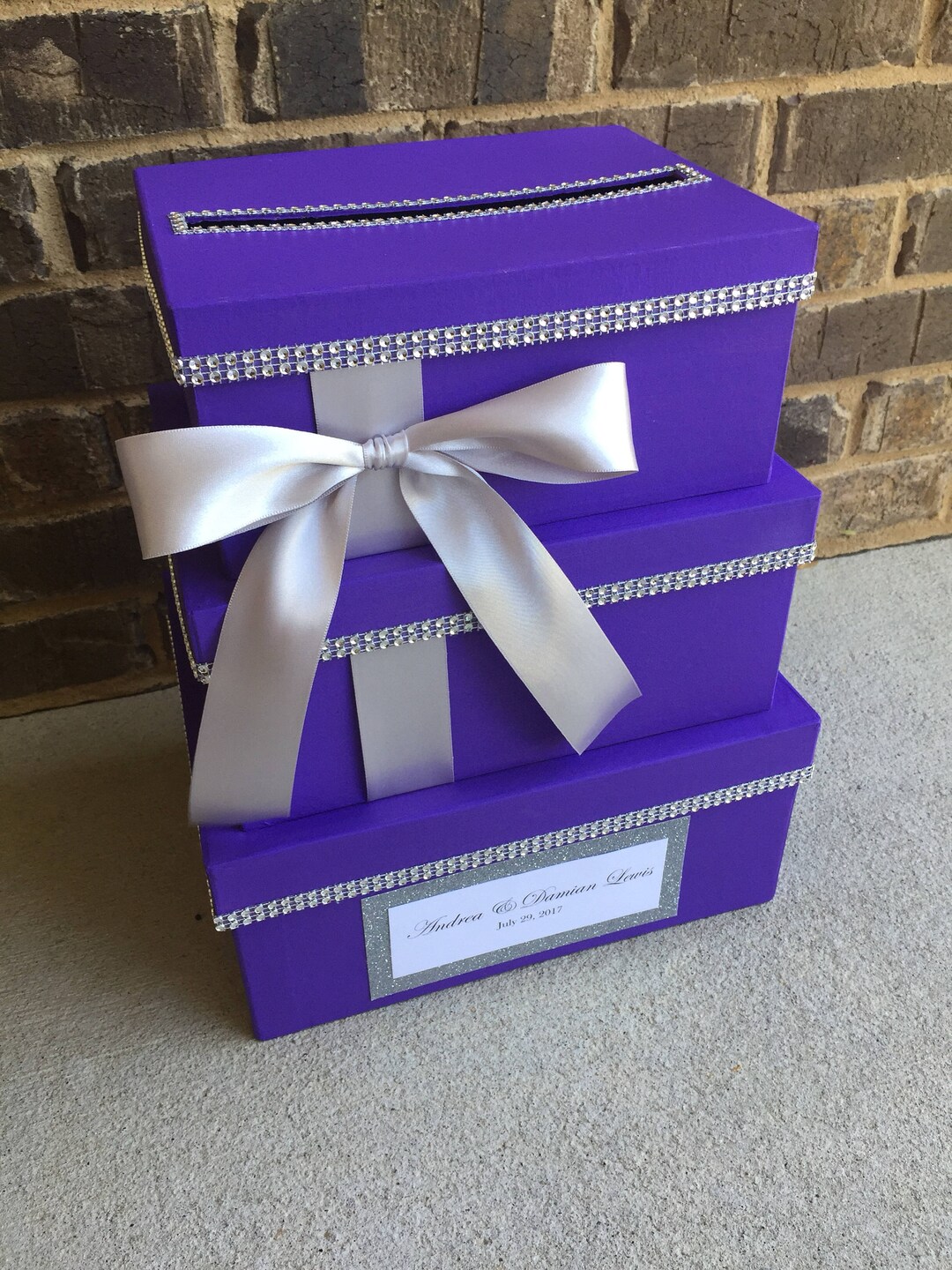 Purple Fuchsia and Silver Card Box Centerpiece, Purple 3 Tier Wedding ...