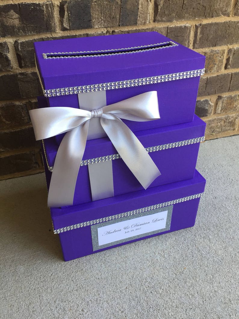 Purple Fuchsia and Silver Card Box Centerpiece, Purple 3 Tier Wedding ...