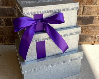 Silver Glitter Card Box Centerpiece, Purple Sparkly Wedding, Shower, or Birthday Card Holder