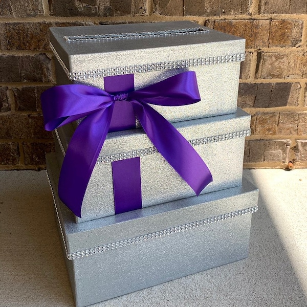 Silver Glitter Card Box Centerpiece, Purple Sparkly Wedding, Shower, or Birthday Card Holder