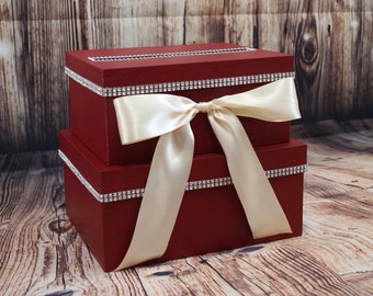 Burgundy Card Box Centerpiece (Mid-Size), Maroon Red 2 Tier Shower or Birthday Card Holder