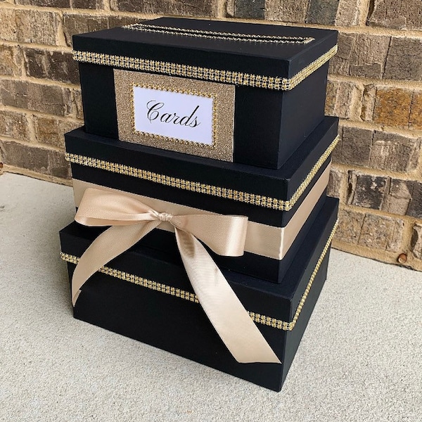 Black and Champagne Card Box Centerpiece, 3 Tier Wedding, Shower, or Birthday Card Holder