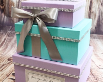 Lavender Turquoise 3 Tier Personalized Card Box, Peacock Card Box