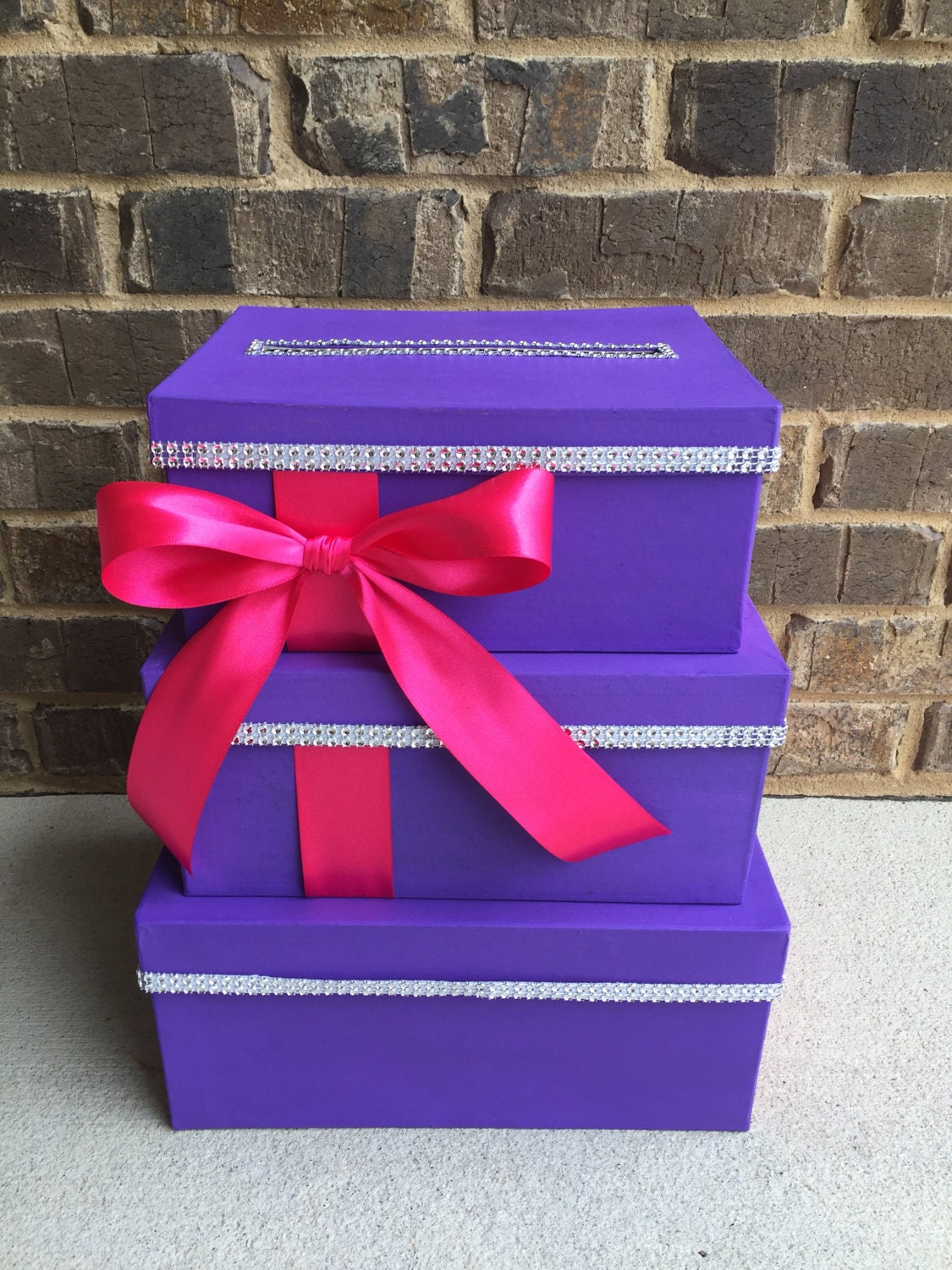 Purple Fuchsia and Silver Card Box Centerpiece, Purple 3 Tier Wedding ...