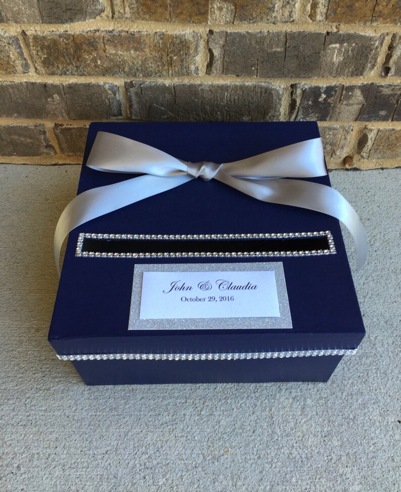 Navy Blue and Silver Wedding Card Box Shower Centerpiece 1 Etsy
