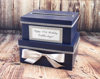 Navy Card Box Centerpiece (Mid-Size), Blue 2 Tier Shower or Birthday Card Holder