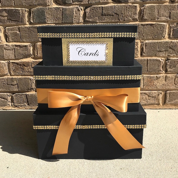 Black and Gold Card Box Centerpiece, 3 Tier Wedding, Shower, or Birthday Card Holder