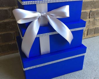 Royal Blue Card Box Centerpiece, Blue 3 Tier Wedding, Shower, or Birthday Card Holder