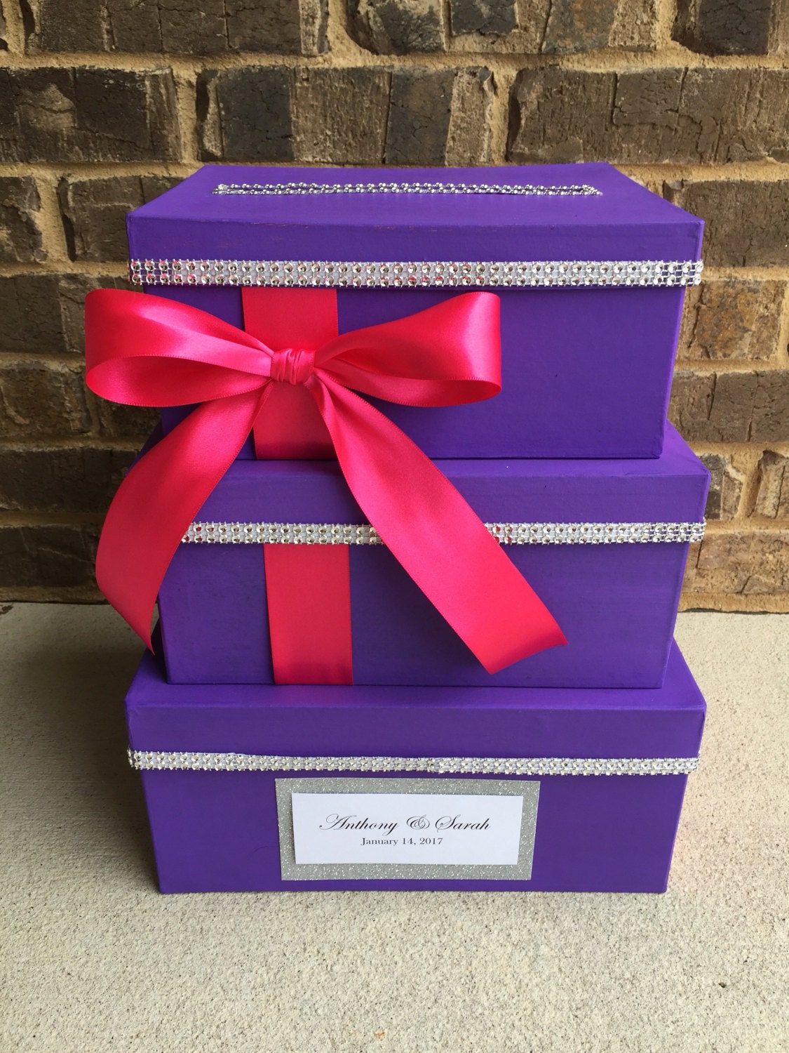 Purple Fuchsia and Silver Card Box Centerpiece, Purple 3 Tier Wedding ...