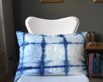 Linen pillow cover hand dyed with natural indigo in Shibori pattern