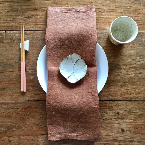 Linen napkins naturally dyed toffee brown with cutch, a natural plant dye