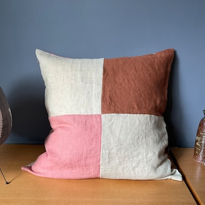 Cinnamon and terracotta hand dyed linen patchwork pillow cover