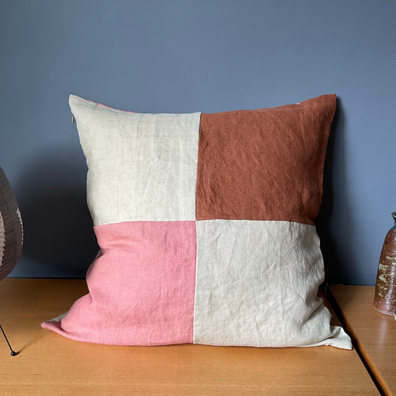 Cinnamon and terracotta hand dyed linen patchwork pillow cover image 1