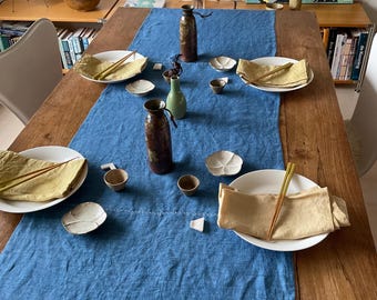 Linen table runner hand dyed with indigo, with hand stitching