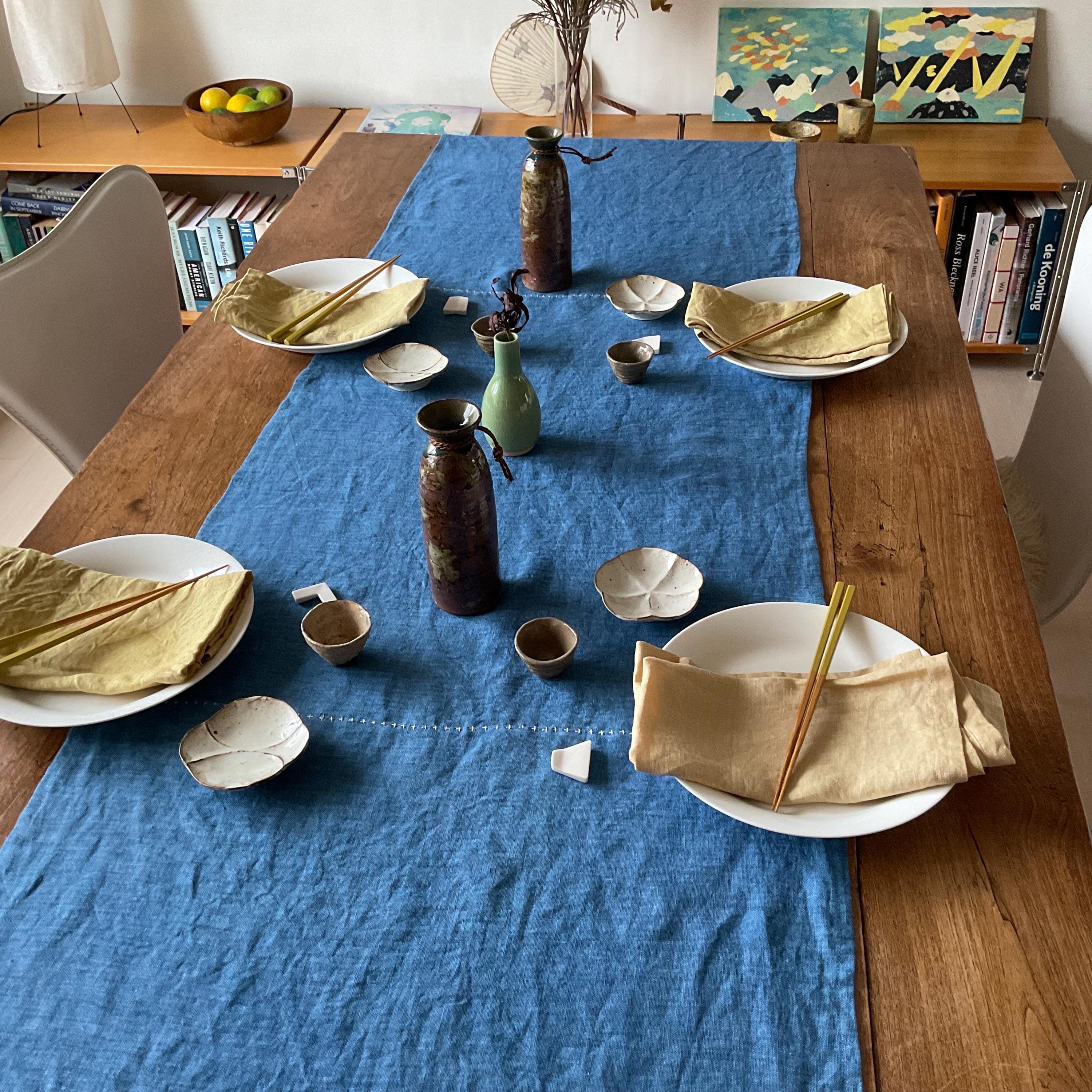 Linen table runner hand dyed with indigo, with hand stitching