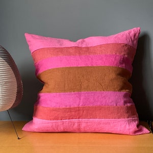 Hand dyed pink and nutmeg patchwork striped linen pillow cover