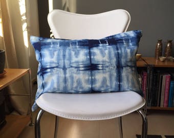 Linen pillow cover hand dyed with natural indigo with Shibori pattern