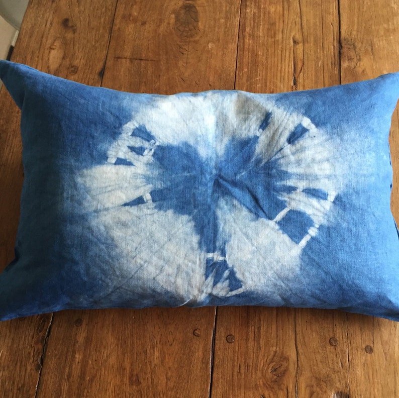 Linen pillow cover hand dyed with natural indigo with shibori tie-dye pattern image 2