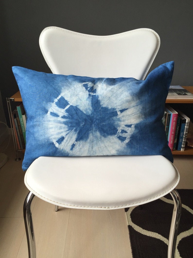 Linen pillow cover hand dyed with natural indigo with shibori tie-dye pattern image 1