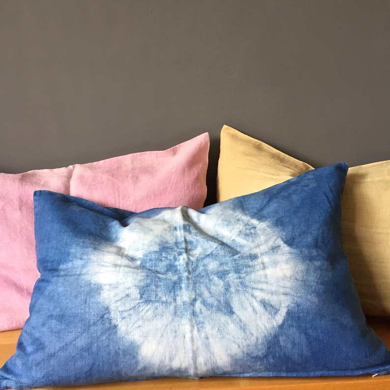 Linen pillow cover hand dyed with natural indigo with shibori tie-dye pattern image 5