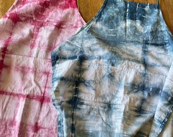 Cotton twill apron hand dyed with indigo and cochineal