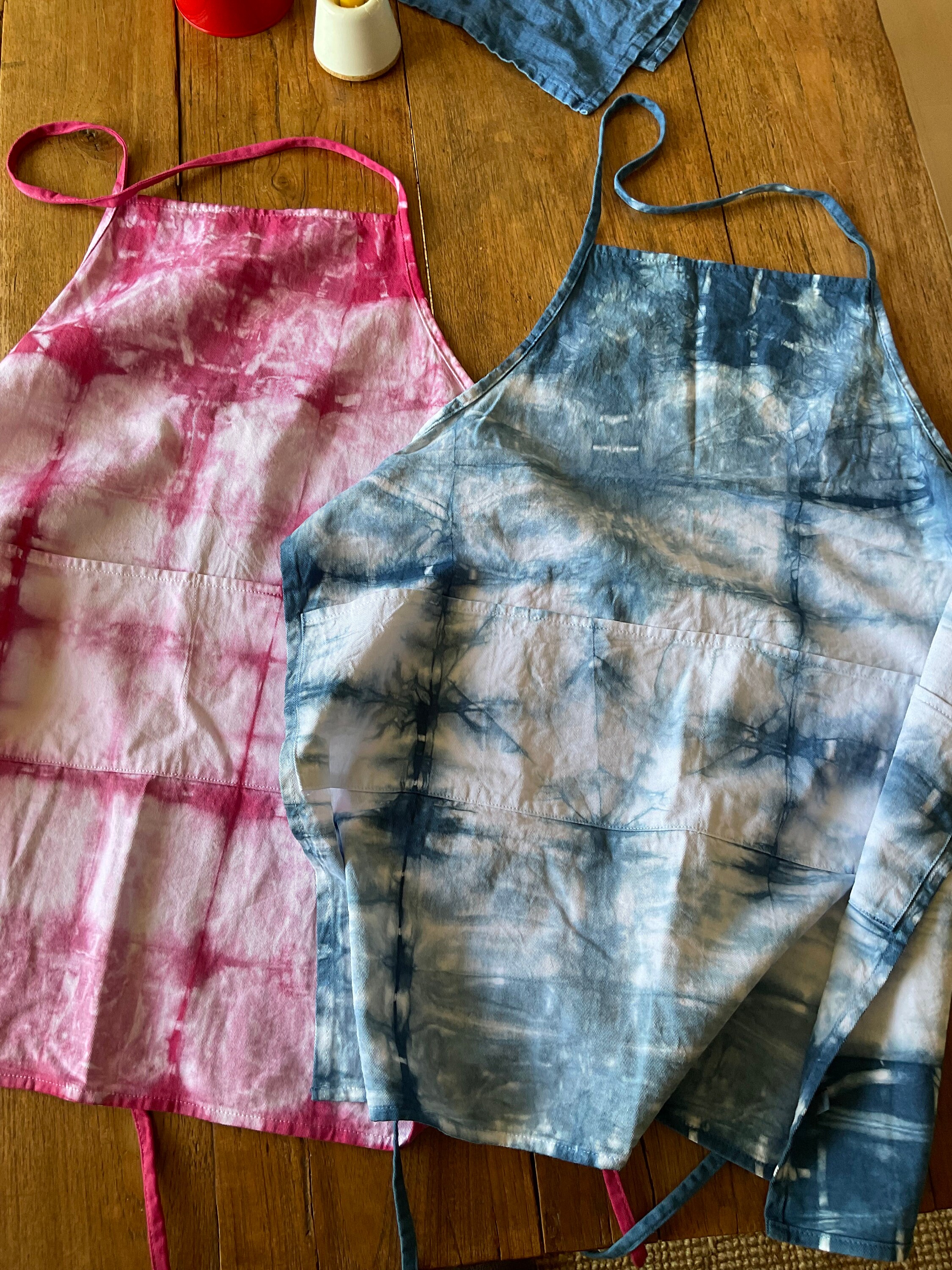 Cotton twill apron hand dyed with indigo and cochineal