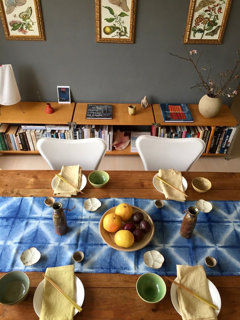 resist pattern shibori Indigo linen table runner with itajime