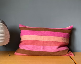 Hand dyed pink, terra cotta, and nutmeg patchwork striped linen pillow cover