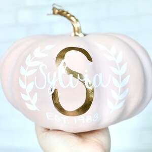 May include: A pink pumpkin with a gold letter "S" and the name "Sylvia" written in white script. The pumpkin also has white leaf designs and the text "Est. 1983" written below the name.