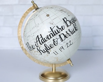 SHIPS FAST Wedding Globe Guest Book, Guestbook Alternative, World Map, Travel Reception Decor, Gold Neutral Ivory Boho, The Adventure Begins