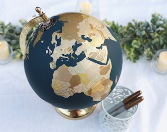 Gold & Neutral Painted Globe – Guest Globe – Custom Hand Lettering – Exposed Countries – Wedding Guestbook – Wedding Globe – 8" Diameter