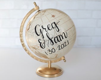 Wedding Guestbook Globe, Gold and Neutral with Custom Lettering Calligraphy Guests Sign Globe Guestbook Alternative 8 Inch Diameter Travel