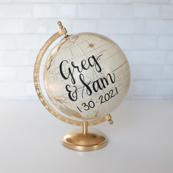 Guest Book Alternative Globe, Our Adventure Begins World Globe, Custom Calligraphy Wedding Signing Guestbook Globe Neutral Gold White 8 inch