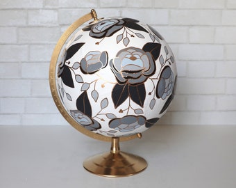 Flowered Painted Globe – Hand Painted Globe – Flowers – White, Black, Gray – Travel, Adventure, Floral – Ready to Ship – 12" Diameter