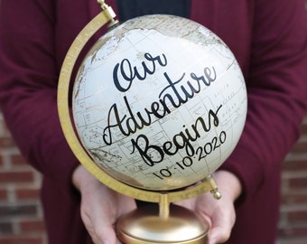 Custom Gold & Neutral Globe – Hand Lettered – Painted World Globe – Cream, Gold – Home Decor, Living Room, Office – Adventure Decor