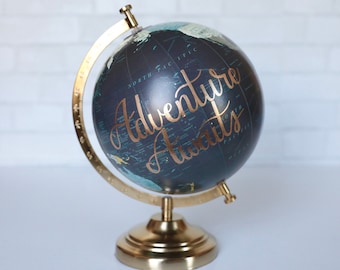 Adventure Awaits Black and Gold Globe, Custom World Globe, Hand Lettered Home Office Decor, Christmas Gift for Her, Teacher Appreciation