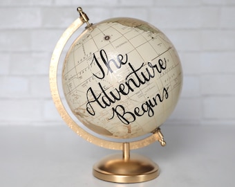 Gold Neutral Wedding Guest Book Globe, Guestbook Globe Sign, Custom Calligraphy Hand Lettering, Personalized Travel Theme Wedding Decor