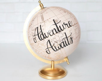 Light Pink and Gold Globe with Custom Calligraphy for Baby Shower Guest Book Nursery Decor Kids Room Travel Adventure Girls Room Boho Office