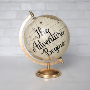 Gold Neutral Wedding Guest Book Globe, Guestbook Globe Sign, Custom Calligraphy Hand Lettering, Personalized Travel Theme Cute Wedding Decor