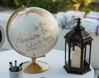 Custom Wedding Globe, Wedding Guestbook or Centerpiece, Personalized Calligraphy, 12&quot; Size, Travel Theme, Boho Chic, Guest Book Alternative