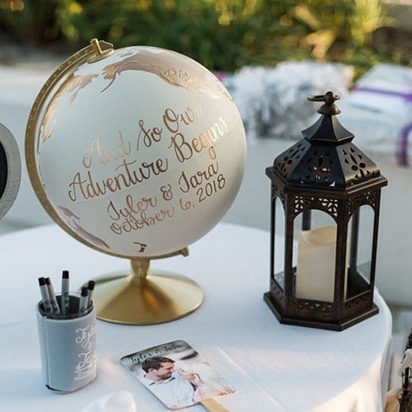 Custom Wedding Globe, Wedding Guestbook or Centerpiece, Personalized Calligraphy, 12" Size, Travel Theme, Boho Chic, Guest Book Alternative