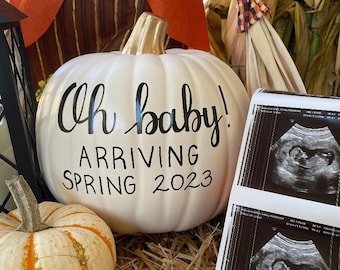 Fall Pregnancy Announcement Pumpkins, Gender Reveal Pumpkin Sign, Custom Personalized White Pink Blue Pumpkin, New Baby Instagram Photoshoot