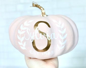 Personalized Pumpkins, Modern Fall Decor, Custom Family Name Pumpkin, Wedding Pumpkin, Gender Reveal, White Gold Autumn Porch Decoration