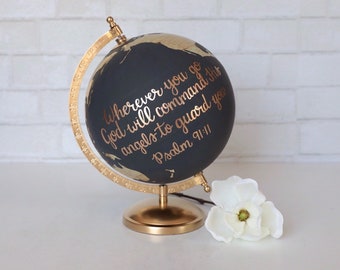 Gold & Neutral Globe – Painted Globe – Custom Hand Lettering – Exposed Countries – Wedding Guestbook – Wedding Globe – 8" Diameter