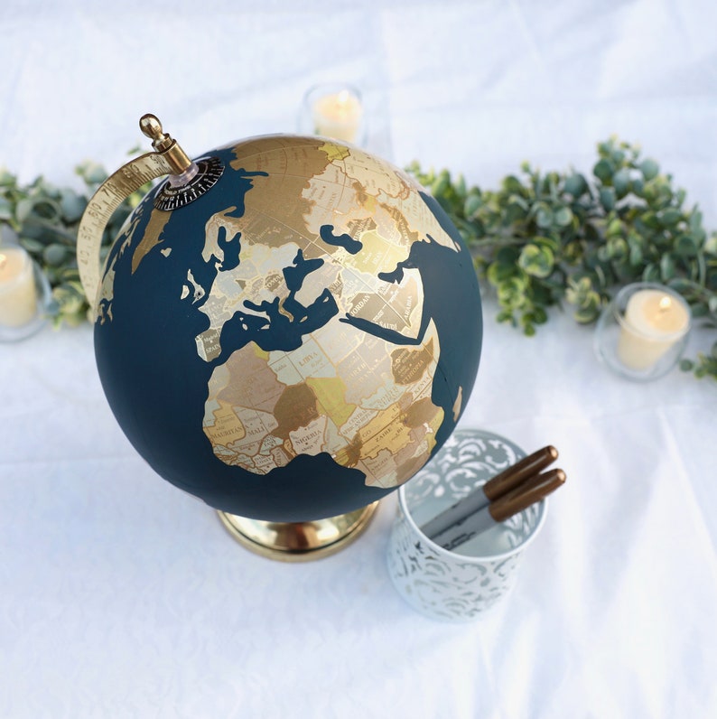 Gold & Neutral Painted Globe Guest Globe Custom Hand Lettering Exposed Countries Wedding Guestbook Wedding Globe 8 Diameter image 1