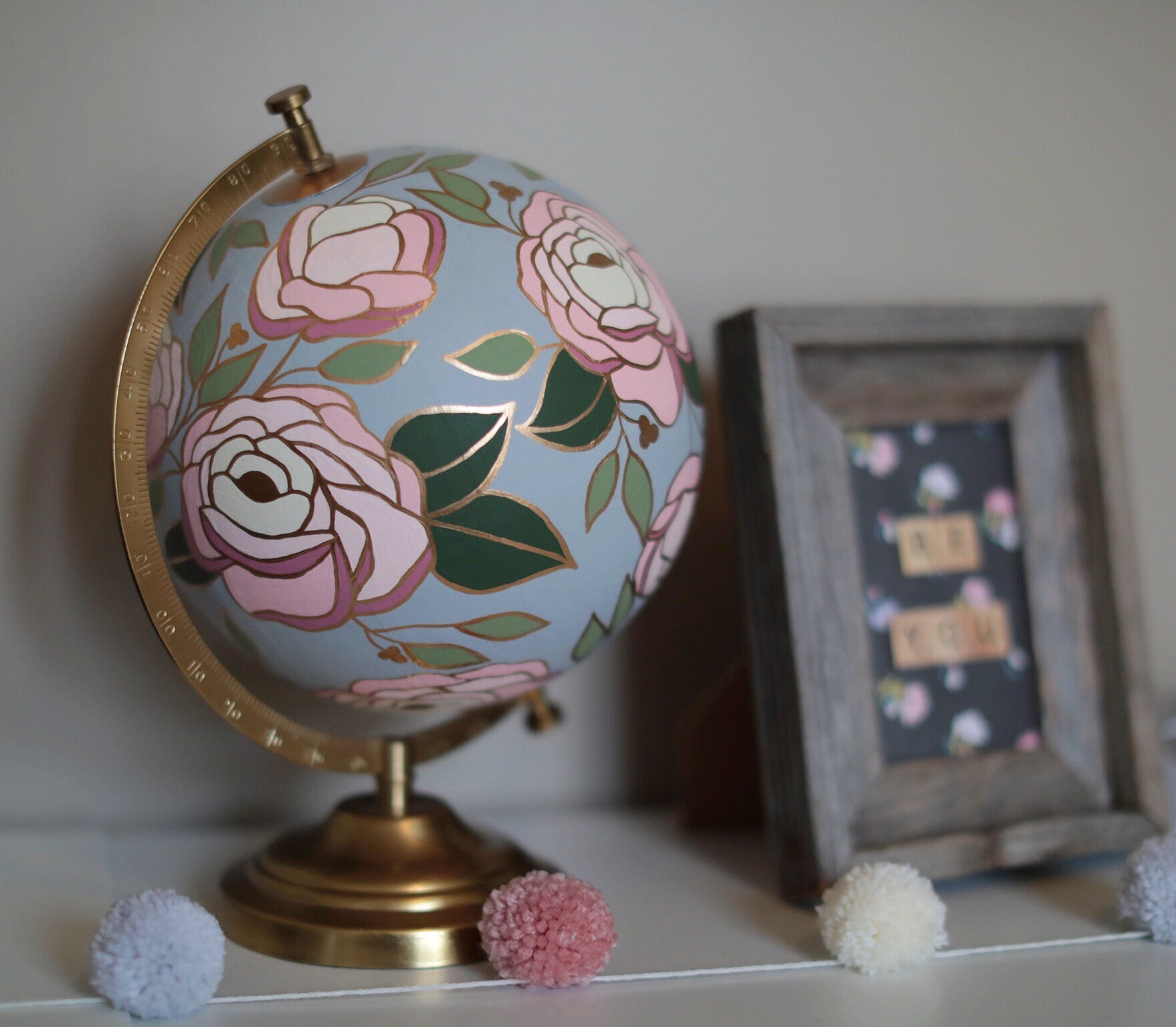 Custom Flowered Globe Floral World Maximalist Home Decor Handmade Painted Flowers Girls Room Baby Girl Nursery Gift Travel Office 8"