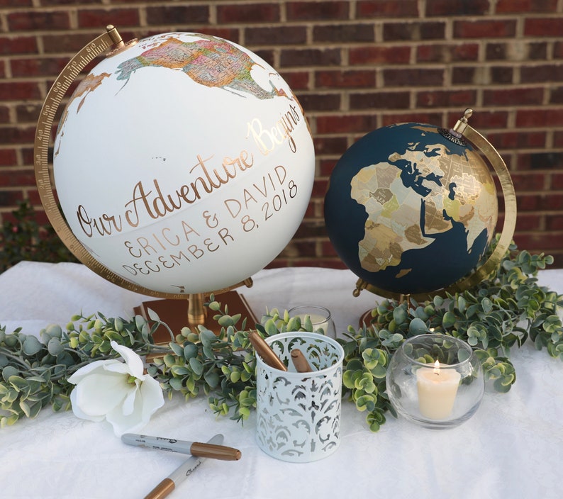 Gold & Neutral Painted Globe Guest Globe Custom Hand Lettering Exposed Countries Wedding Guestbook Wedding Globe 8 Diameter image 6