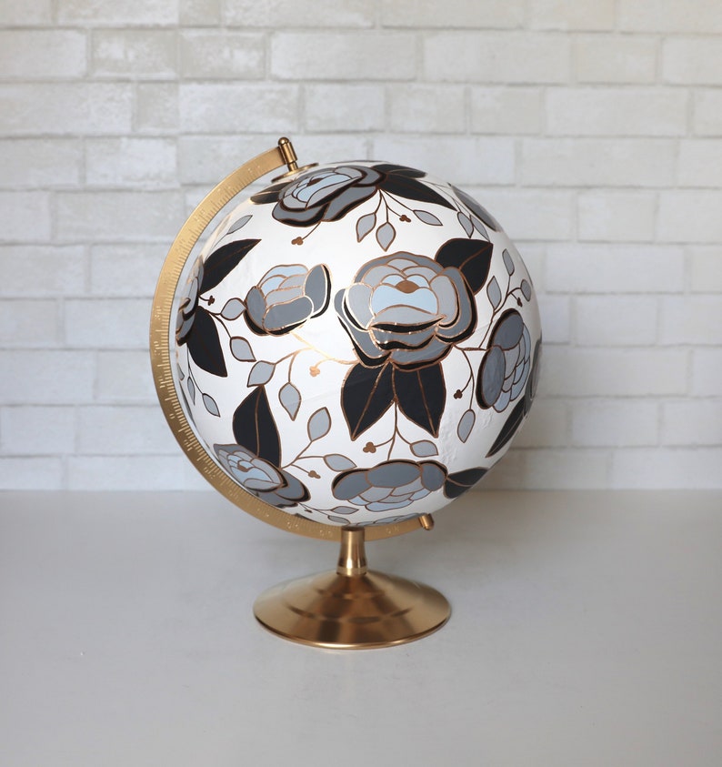 Flowered Painted Globe Hand Painted Globe Flowers White, Black, Gray Travel, Adventure, Floral Ready to Ship 12 Diameter image 1