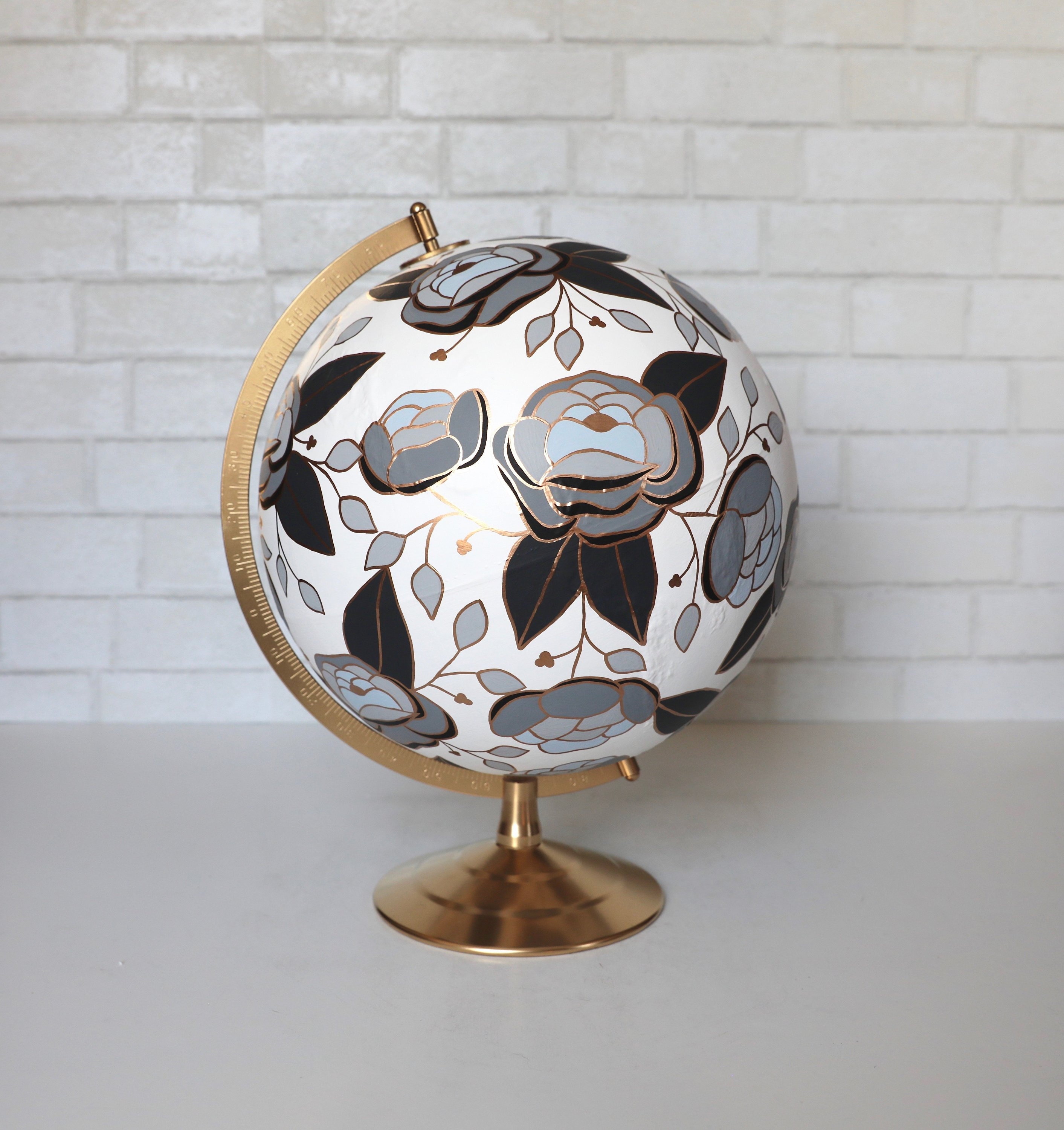 Flowered Painted Globe Handmade Decor Flowers White Black Gray Grey Floral Travel Adventure Decoration Maximalism Greyscale Gift 12"