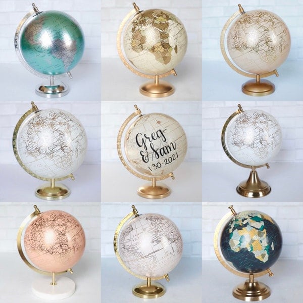 Bruiloft gastenboek Globe gepersonaliseerd, wit goud Blush roze ivoor, aangepaste kalligrafie letters, gasten ondertekenen Globe, gastenboek alternatief